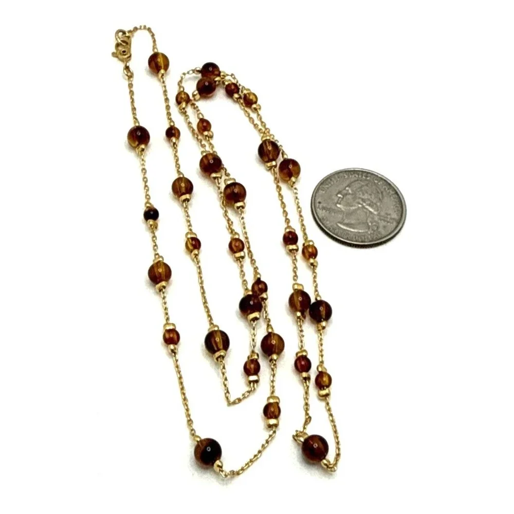 Vintage MONET Amber Brown Bead Station Necklace Gold Tone Opera Statement 30